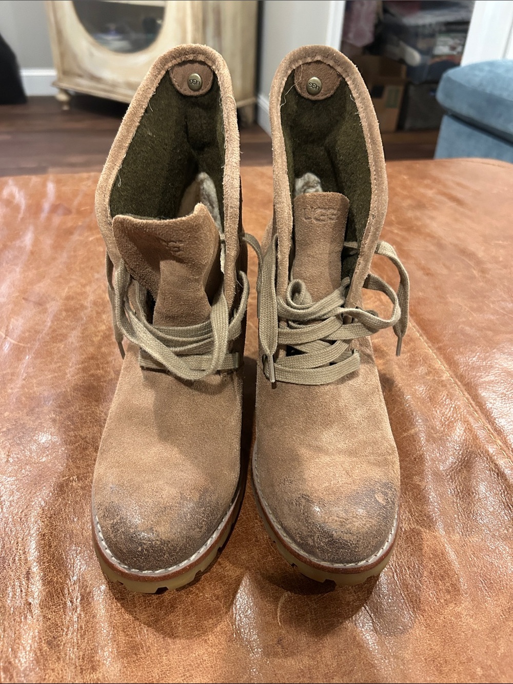 UGG Brown Suede Lace-Up Wedge Ankle Boots